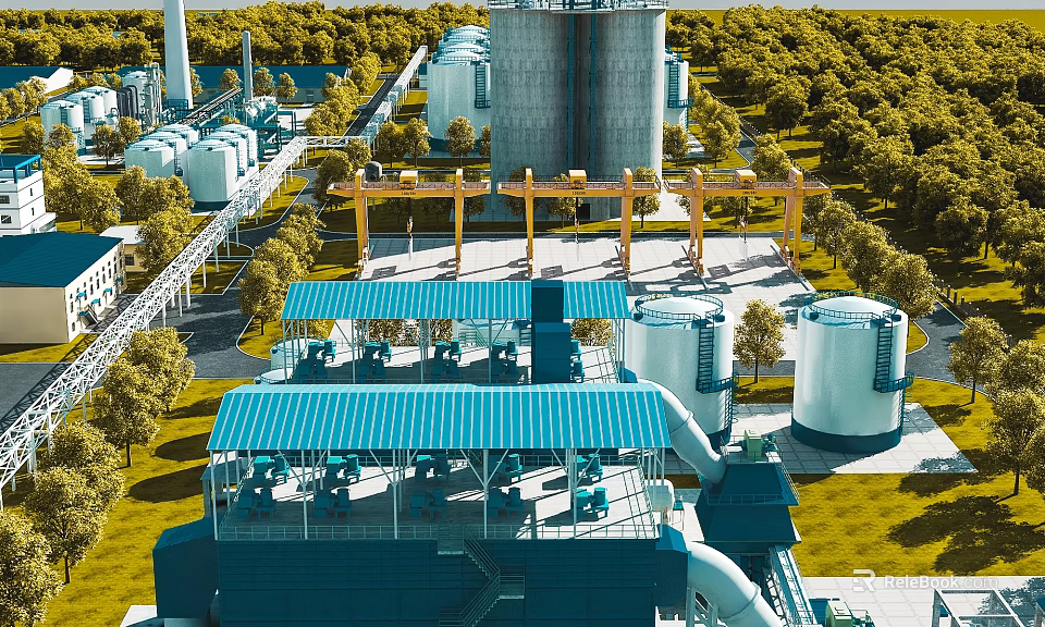 Modern Industrial Plant With Large Storage Tanks Yellow Cranes And Green Trees 3d model 