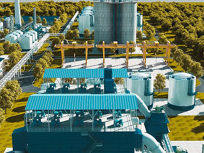 Modern Industrial Plant With Large Storage Tanks Yellow Cranes And Green Trees 3d model