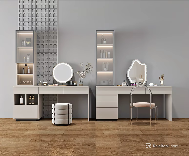 Modern Dressing Tables with Round Mirror Glass Cabinets and Upholstered Stools on Wooden Floor 3d model 