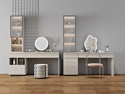 Modern Dressing Tables with Round Mirror Glass Cabinets and Upholstered Stools on Wooden Floor 3d model