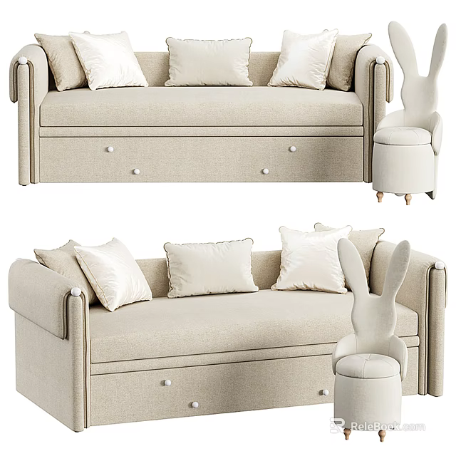 Beige Sofa With Multiple Cushions And Drawers Paired With Rabbit Shaped Stool 3d model