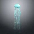 Blue Green Jellyfish With Long Tentacles Against Gradient Gray To Black Background