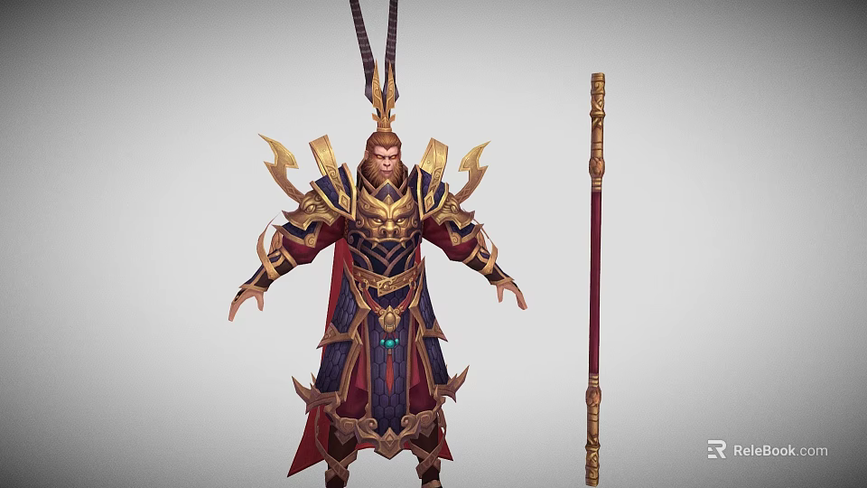 Game Movie Character In Ornate Golden Armor With Blue Red Robes And Long Staff Weapon 3d model 
