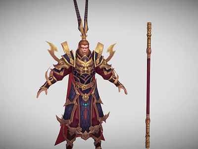 Game Movie Character In Ornate Golden Armor With Blue Red Robes And Long Staff Weapon 3d model