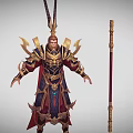 Game Movie Character In Ornate Golden Armor With Blue Red Robes And Long Staff Weapon