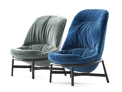 Gray And Blue Velvet Upholstered Accent Chairs With Curved Backrest Armrests And Black Metal Legs 3d model