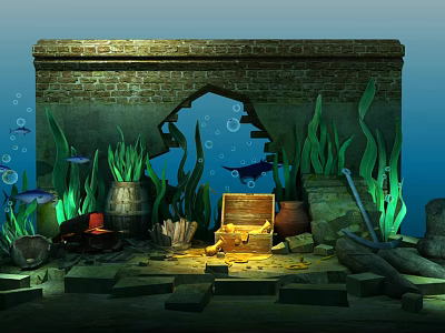 Cartoon Underwater Scene With Open Treasure Chest Brick Arch Seaweed Bubbles Fish And Shark Silhouette 3d model
