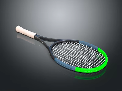 Tennis Racket with White Handle Black Blue Frame Green Edge and Modern Grid Pattern Surface 3d model