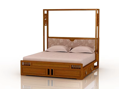 Wooden Carved Double Bed with High Headboard Frame Upholstered Headboard and Storage Drawers 3d model