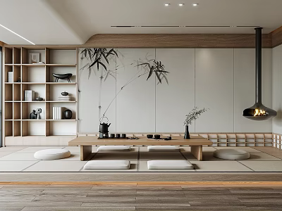 Minimalist Japanese Tea Room Interior With Tatami Mats Wooden Tea Table And Bamboo Decor 3d model