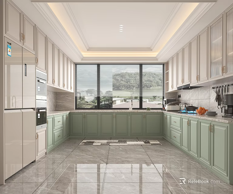 Modern Kitchen Interior With White Upper And Green Lower Cabinets Large Windows And Mountain View 3d model