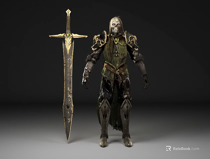 Fantasy Game Movie Character In Detailed Armor With Large Ornate Sword 3d model 