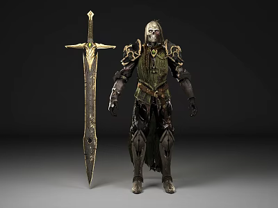 Fantasy Game Movie Character In Detailed Armor With Large Ornate Sword 3d model