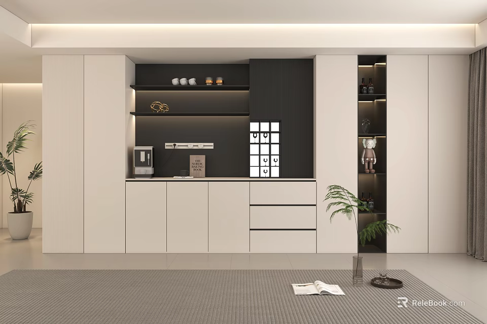Modern Decorative Cabinet With White Black Shelves Drawers And Potted Plant 3d model 