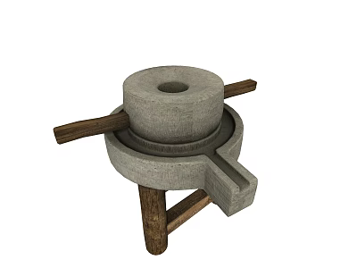 Traditional Garden Ornament Stone Mill With Wooden Frame And Stone Structure 3d model