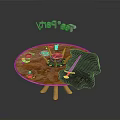 Round Wooden Party Table With Floating Party Letters Cups Sword And Fur Pelt Decor