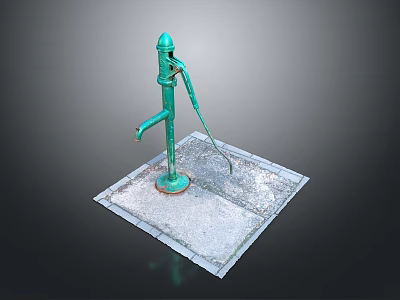 Green Manual Water Pump Installed On Square Concrete Base Slab Structure 3d model