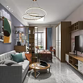 Modern Living and Dining Room Interior With Sofa Coffee Table TV Cabinet And Chandelier