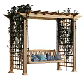 Outdoor Wooden Swing Bench Under Pergola With Climbing Vines And Plaid Blue Cushions