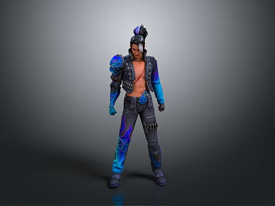 3D Male Character Model with Blue Black Armor Unique Hairstyle and Metallic Details 3d model