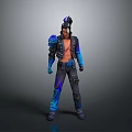 3D Male Character Model with Blue Black Armor Unique Hairstyle and Metallic Details
