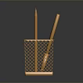 Golden Metal Mesh Pen Holder With Stationery Organizer And Two Writing Tools