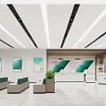 Modern Bank Lobby Interior With Reception Desk Seating Green Plants And Wall Posters