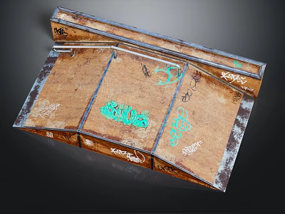 Worn Graffiti Wooden Structure With Multiple Compartments Green Black Text Patterns Brown Edge Wear 3d model