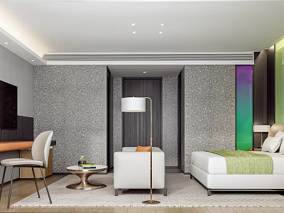 Modern Hotel Guest Room With Comfortable Bed And Stylish Furniture Decor 3d model