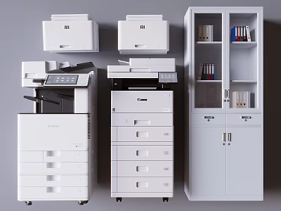 Office Appliances Featuring Canon Multifunction Printers And Storage Cabinet In Modern Office 3d model