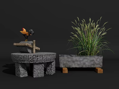 Garden Ornaments Featuring Rooster Figurine Stone Stand Round Table And Tall Grass Planter 3d model