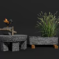 Garden Ornaments Featuring Rooster Figurine Stone Stand Round Table And Tall Grass Planter