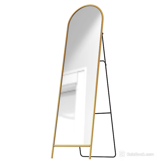 Modern Full Length Standing Mirror With Gold Frame And Black Stand 3d model