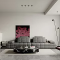 Modern Minimalist Living And Dining Room Interior With Large Projection Screen And Marble Coffee Table