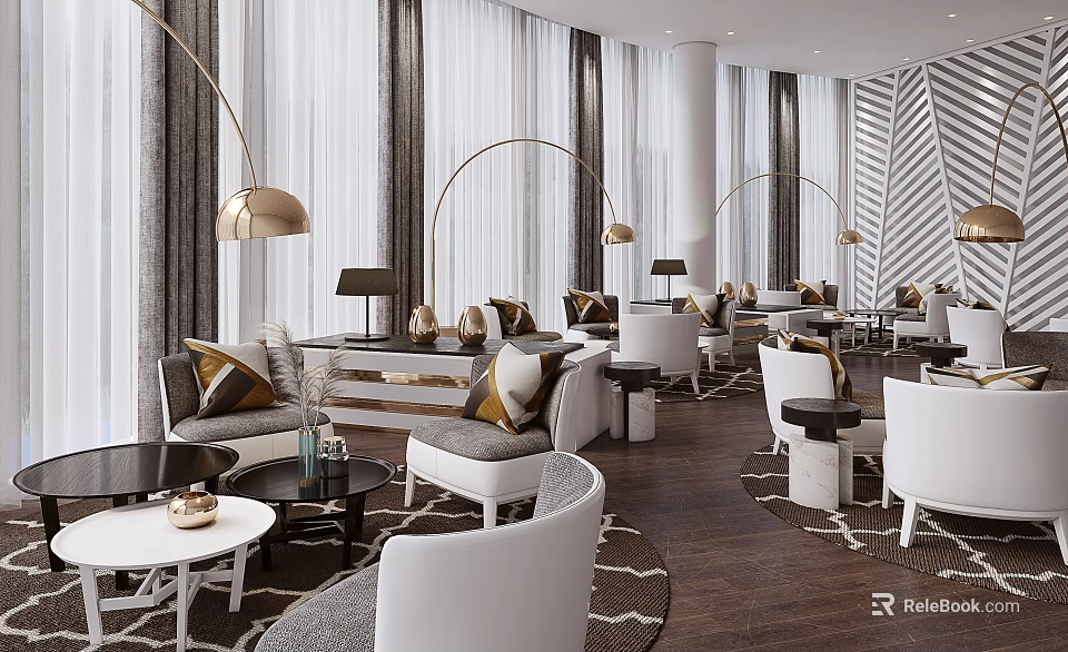 Elegant Modern Restaurant Interior With White Sofas Gold Lighting Round Coffee Tables And Striped Walls 3d model 