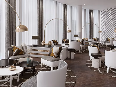 Elegant Modern Restaurant Interior With White Sofas Gold Lighting Round Coffee Tables And Striped Walls 3d model