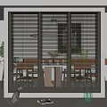 Window Blinds in Modern Interior with Dining Table Chairs and Green Plants