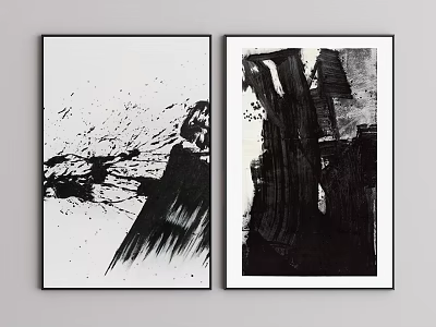 Black and White Abstract Paintings With Splatter Effects And Bold Brushstrokes 3d model