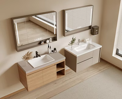 Modern Bathroom Vanity Unit With Wall Mirrors Double Sinks And Wooden Gray Cabinets 3d model