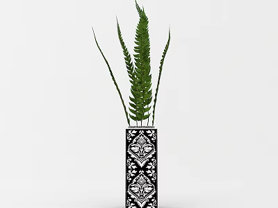 Tall Black And White Patterned Vase With Fresh Green Ferns For Home Decor 3d model
