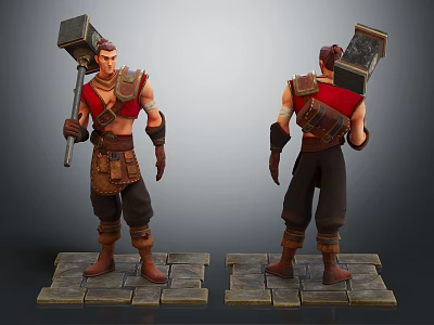 Warrior Character Front Back Views Holding Hammer With Armor Outfit On Stone Slab Base 3d model