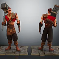 Warrior Character Front Back Views Holding Hammer With Armor Outfit On Stone Slab Base