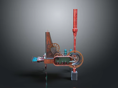Complex Mechanical Steampunk Weapon with Red Rod Blue Components Gears Metallic Texture 3d model