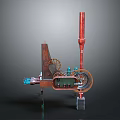 Complex Mechanical Steampunk Weapon with Red Rod Blue Components Gears Metallic Texture 3d model