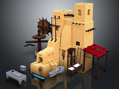 Traditional Earth Toned Building With Tower Large Water Wheel Red Roof And Stone Features 3d model