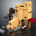 Traditional Earth Toned Building With Tower Large Water Wheel Red Roof And Stone Features