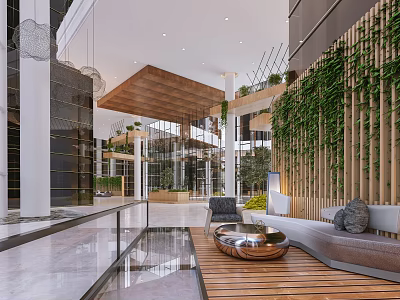 Modern Lobby Reception Desk With Green Plants Wooden Accents Glass Partitions And Comfortable Sofa 3d model