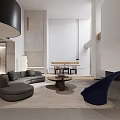 Modern Spacious Duplex Living Room With Round Coffee Table Blue Armchair Fireplace And Spiral Staircase