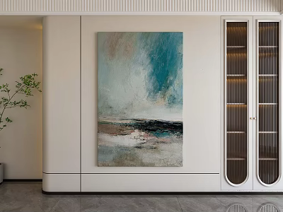 Modern Interior With Blue Green Abstract Painting White Glass Door Cabinet And Green Plant 3d model