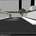 Garden Landscape Design For Modern Entrance With White Pillars Wooden Ceiling And Open Courtyard